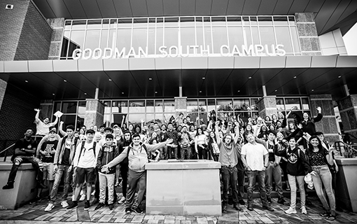 black and white group photo infront of south campus