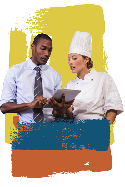 hospitality manager and chef reviewing a catering sheet