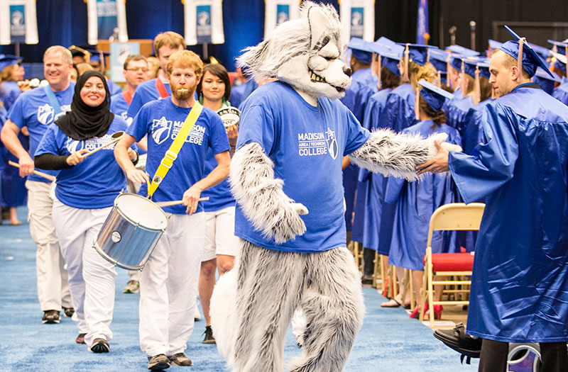 Madison College World Drumming Ensemble with Wolfie at Graduation