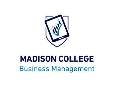 Business Management logo. A tablet showing a data chart.