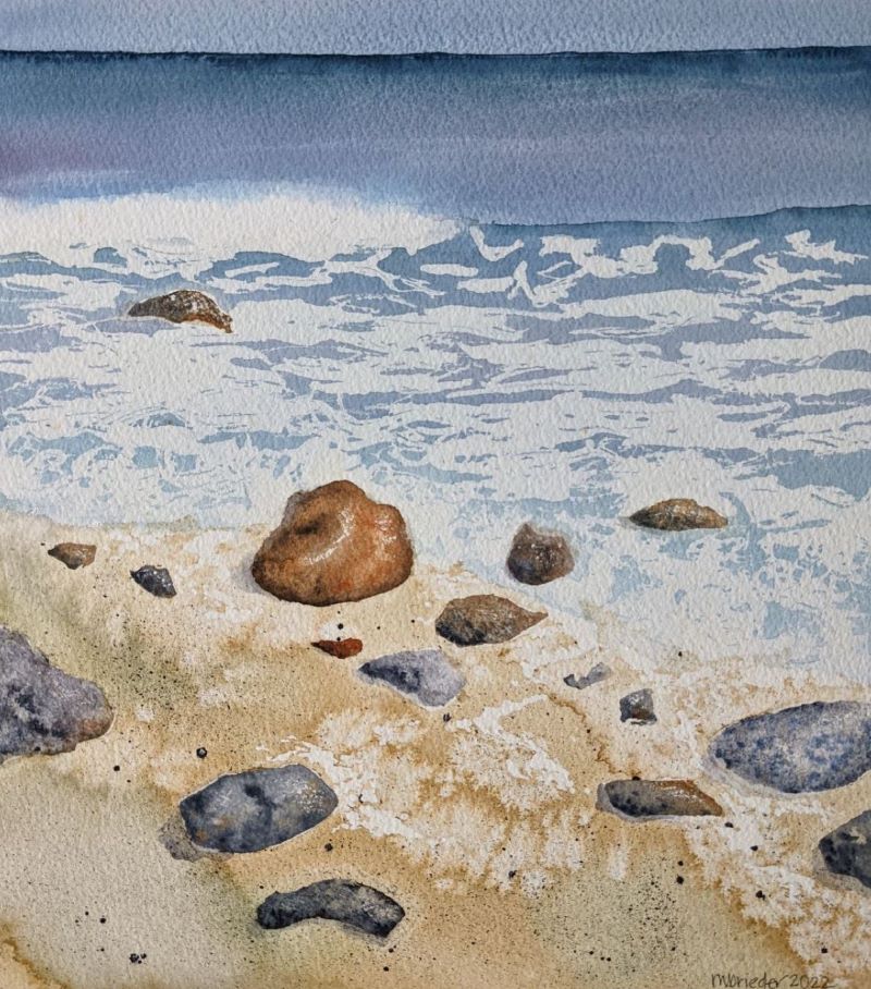 Watercolor painting of a beach shoreline by Marsha Rieder